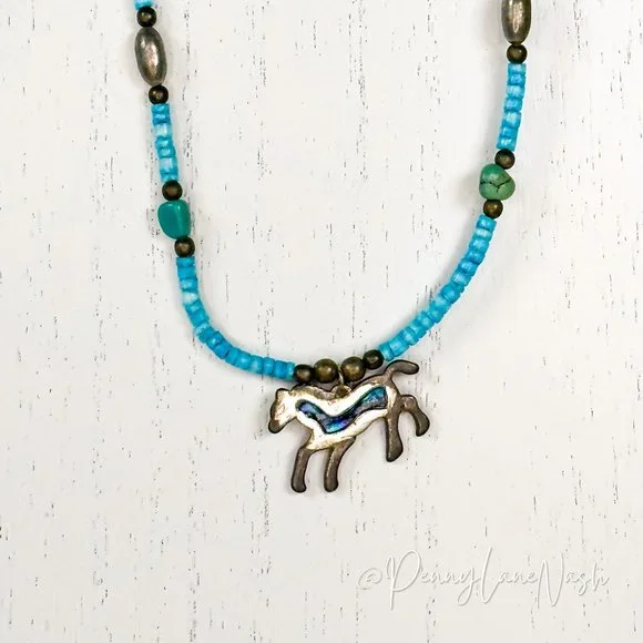 Vintage Turquoise Beads w Silver Horse Pendant Necklace - Picture 2 of 5